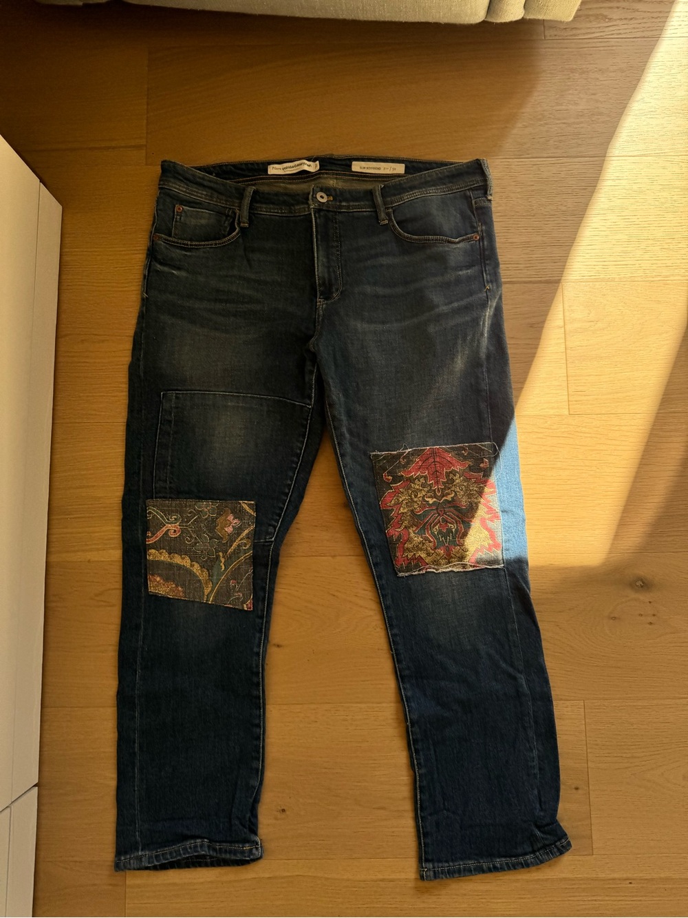 Anthropologie Dark Blue Slim Straight Jeans with Patchwork Knees